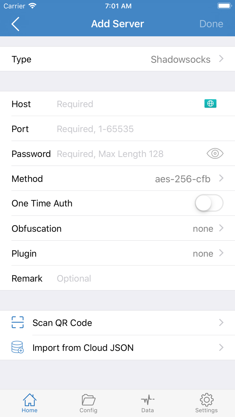 Official Shadowrocket Add Server page showing Type, Host, Port, Password, Method, and the Scan QR Code option