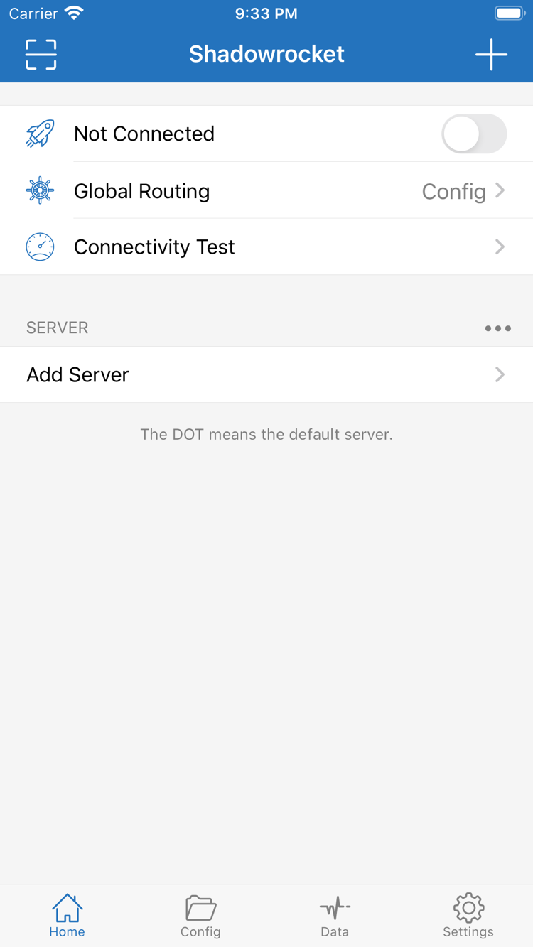 Shadowrocket 官方 Home 畫面，顯示連線開關、Global Routing 與 Add Server