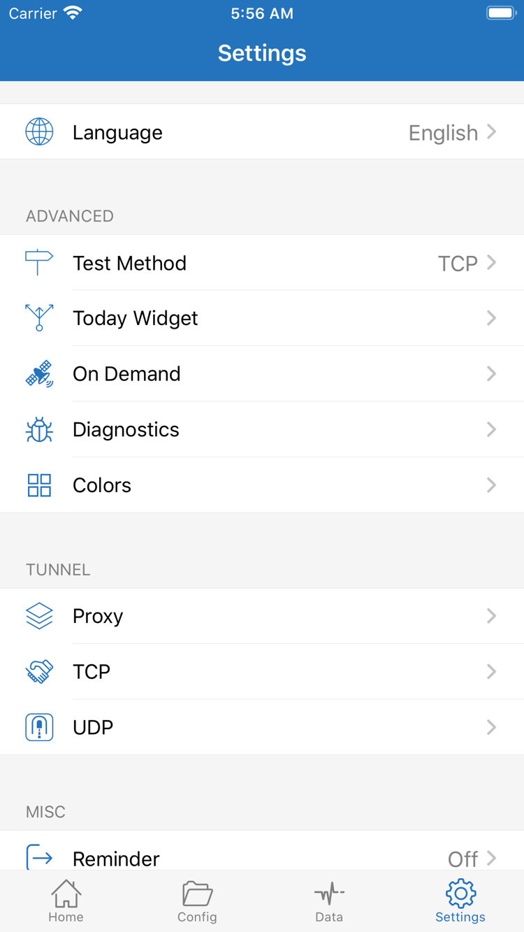 Official Shadowrocket Settings page showing Language, Test Method, Today Widget, On Demand, Diagnostics, Proxy, TCP, and UDP